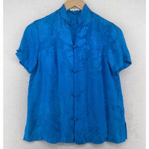 DYNASTY Blouse 8 Silk Jacquard Cheongsam Chinese Mandarin Frog Button Blue VTG